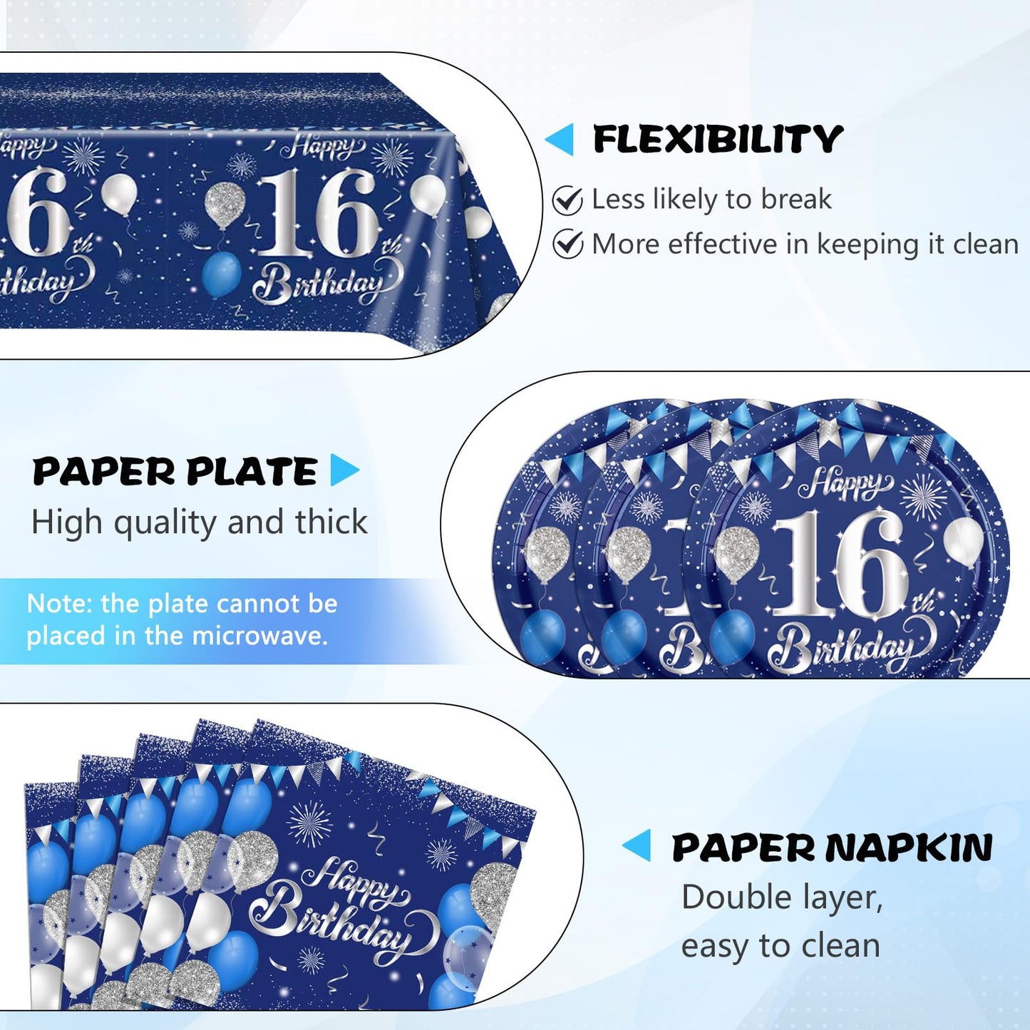 41Pcs 16Th Birthday Decorations For Boys Navy Blue Silver 16 Years Old Birthday Decorations Sweet 16 Plates Napkins Tablecloth F