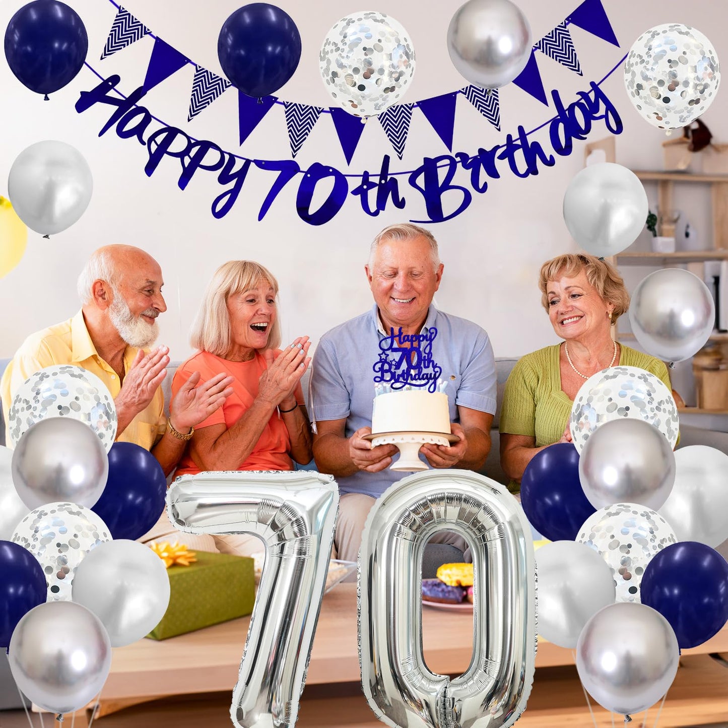 70Th Birthday Decorations For Men, Navy Blue Silver 70Th Birthday Balloons With Blue Happy 70Th Birthday Banner 70 Birthday Cake