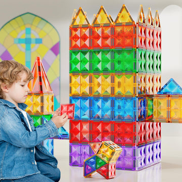Bestymxy Magnetic Tiles, 3D Building Set, Clear Diamond Reflective, Stem Toys (60Pcs)