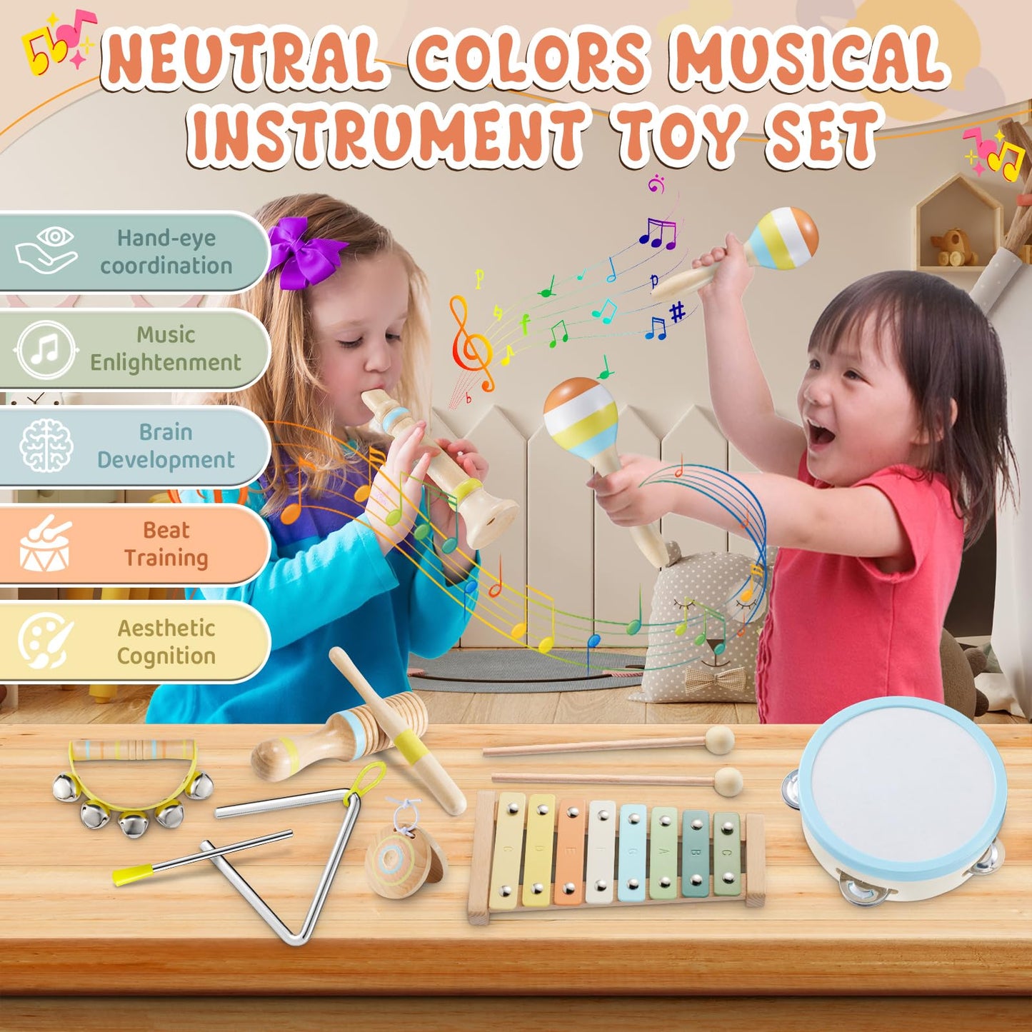 Baby Musical Instruments - Montessori Musical Toys for Toddlers 1-3 Musical Instruments for Toddlers 1-3 Neutral Colors Xylophon