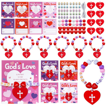 48 Pack Christian Valentines Crafts Gift, 24 Religious Valentine Cards, 24 Set Heart Beaded Bracelets with God's Love for Sunday