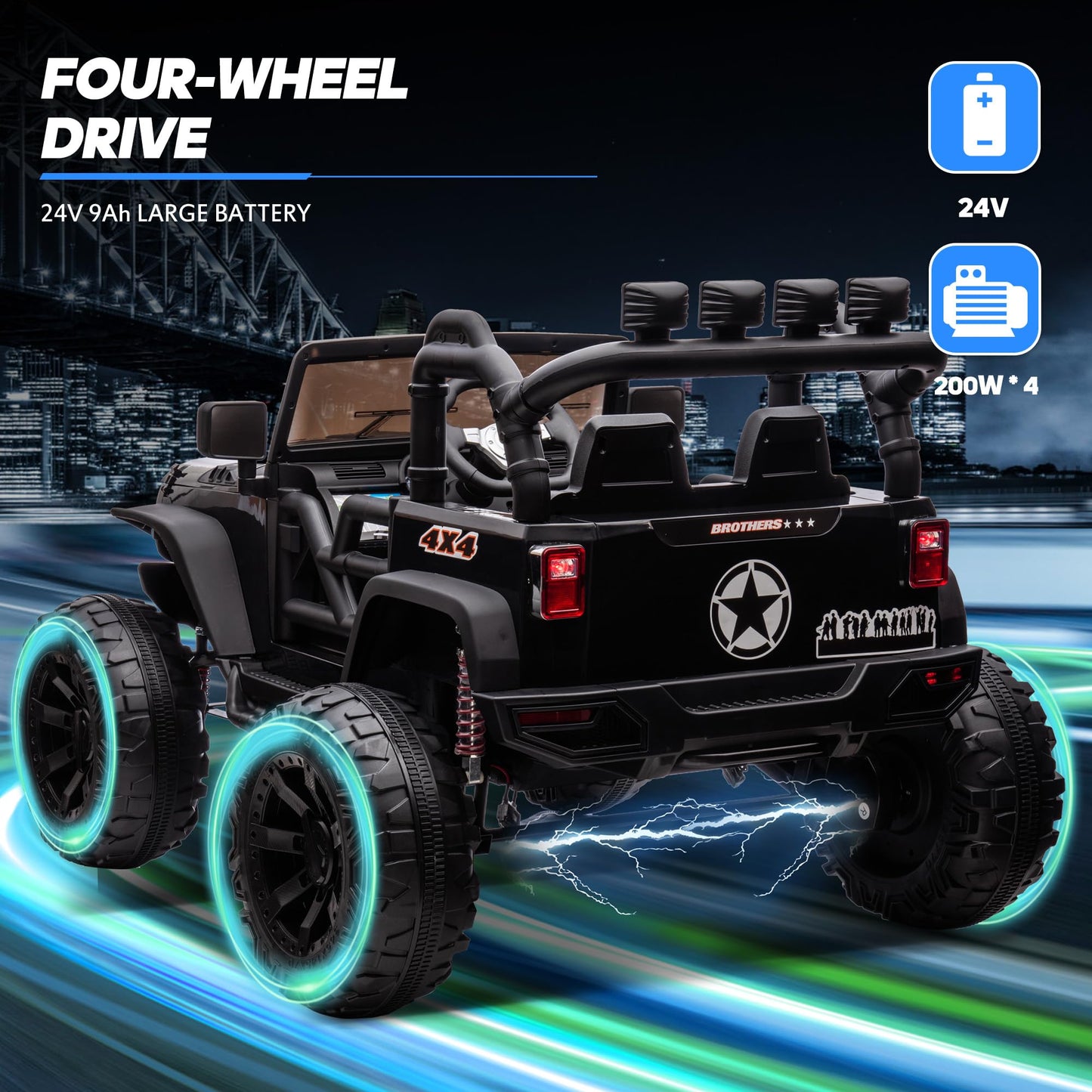 Hikiddo 24V 9Ah Ride on Toy for Big Kids, 4WD 2 Seater Ride on Car Truck with Remote Control, 4x200W Motor - Black