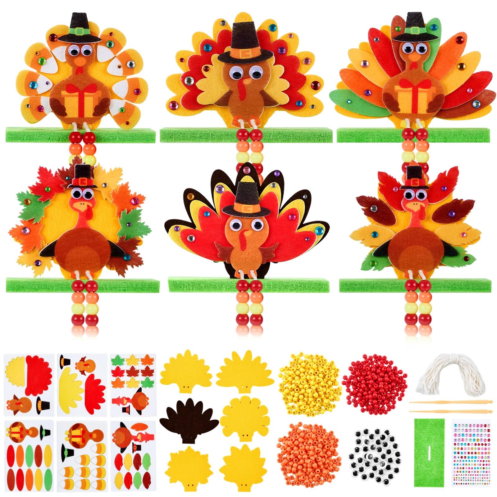 APUDWN 24 Sets Thanksgiving Turkey Craft Kits, DIY Thanksgiving Crafts, Felt Turkey Ornaments Decorations Art Sets Foam Stickers