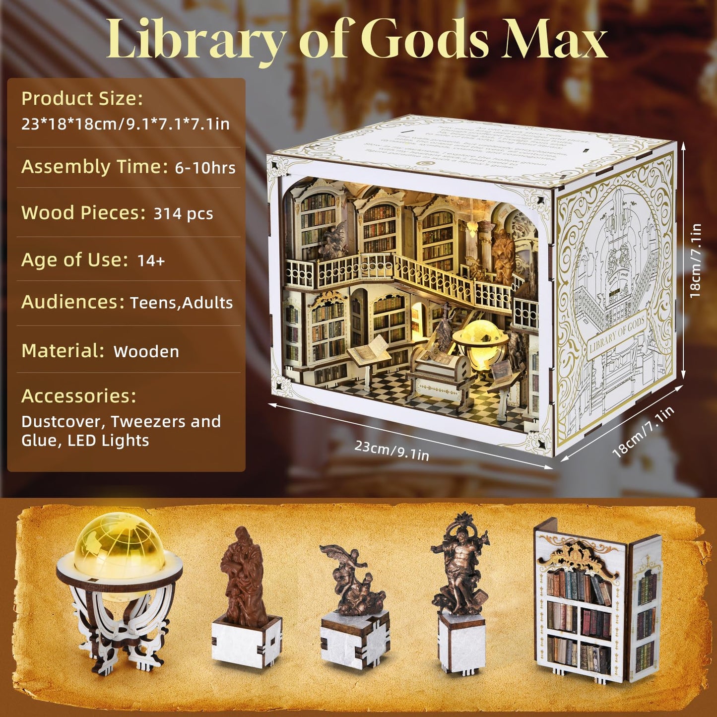 Minicity Diy Book Nook Kit For Adults, 3D Wooden Puzzle Bookend Bookshelf Insert Decor With Led Light And Dust Cover (Library Of