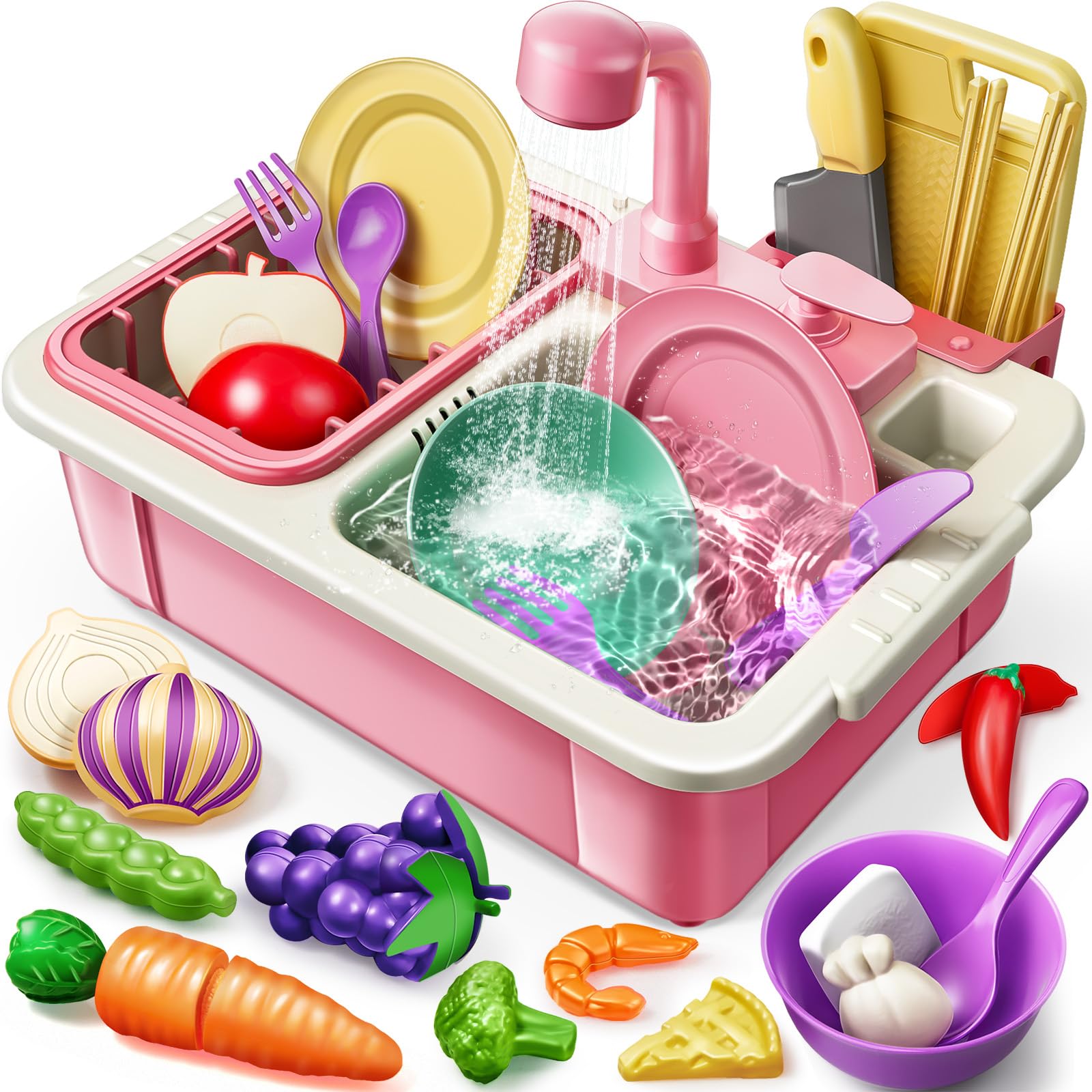 Geyiie Kids Sink with Running Water, Toddler Kitchen Sink Toy with Real Faucet, Chopping Foods, Play Dishes and Dish Rack, 30Pcs