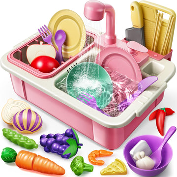 Geyiie Kids Sink with Running Water, Toddler Kitchen Sink Toy with Real Faucet, Chopping Foods, Play Dishes and Dish Rack, 30Pcs