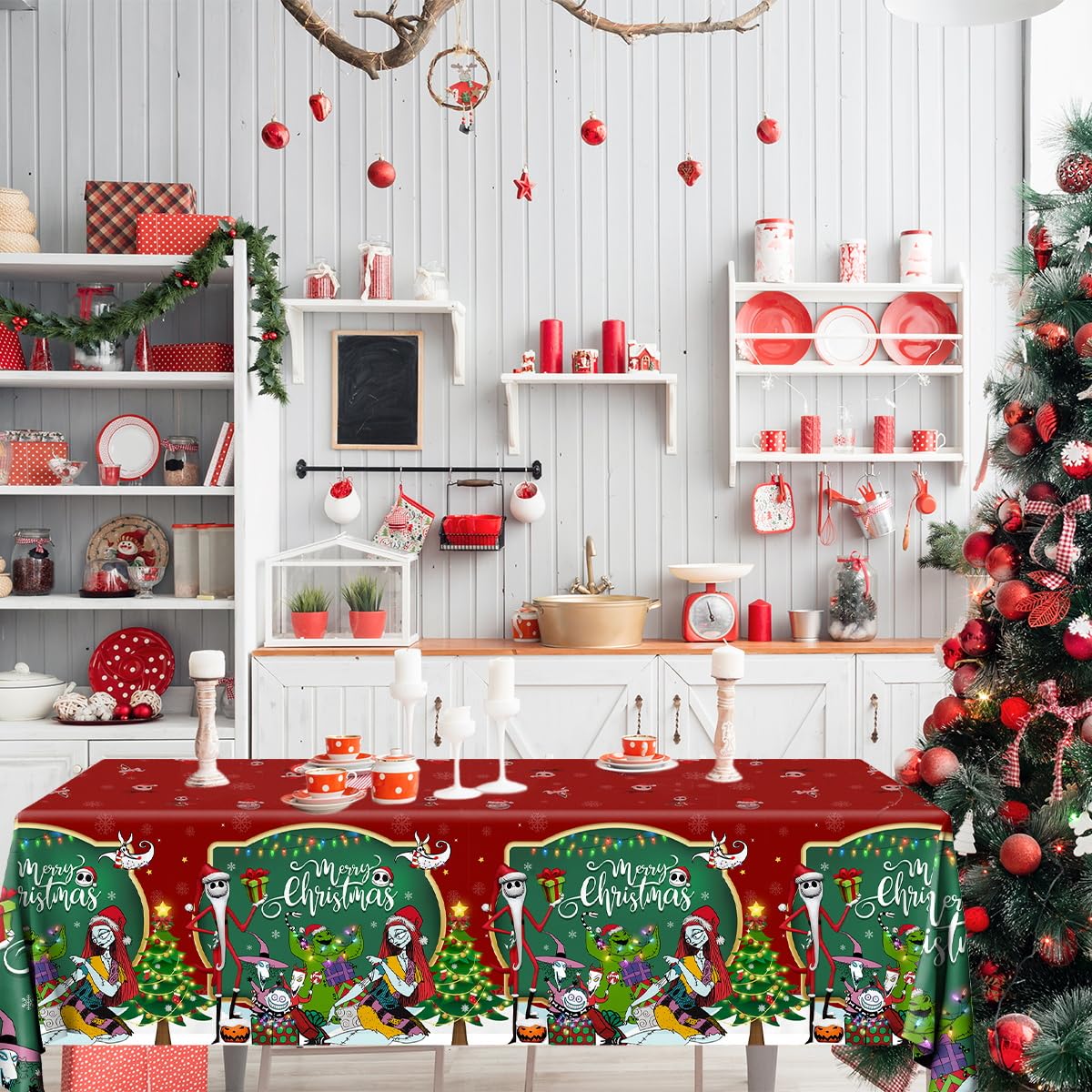 3 Pack Christmas Nightmare Tablecloths Nightmare Christmas Party Decorations Green Red Tree Xmas Nightmarer Table Cover for Xmas
