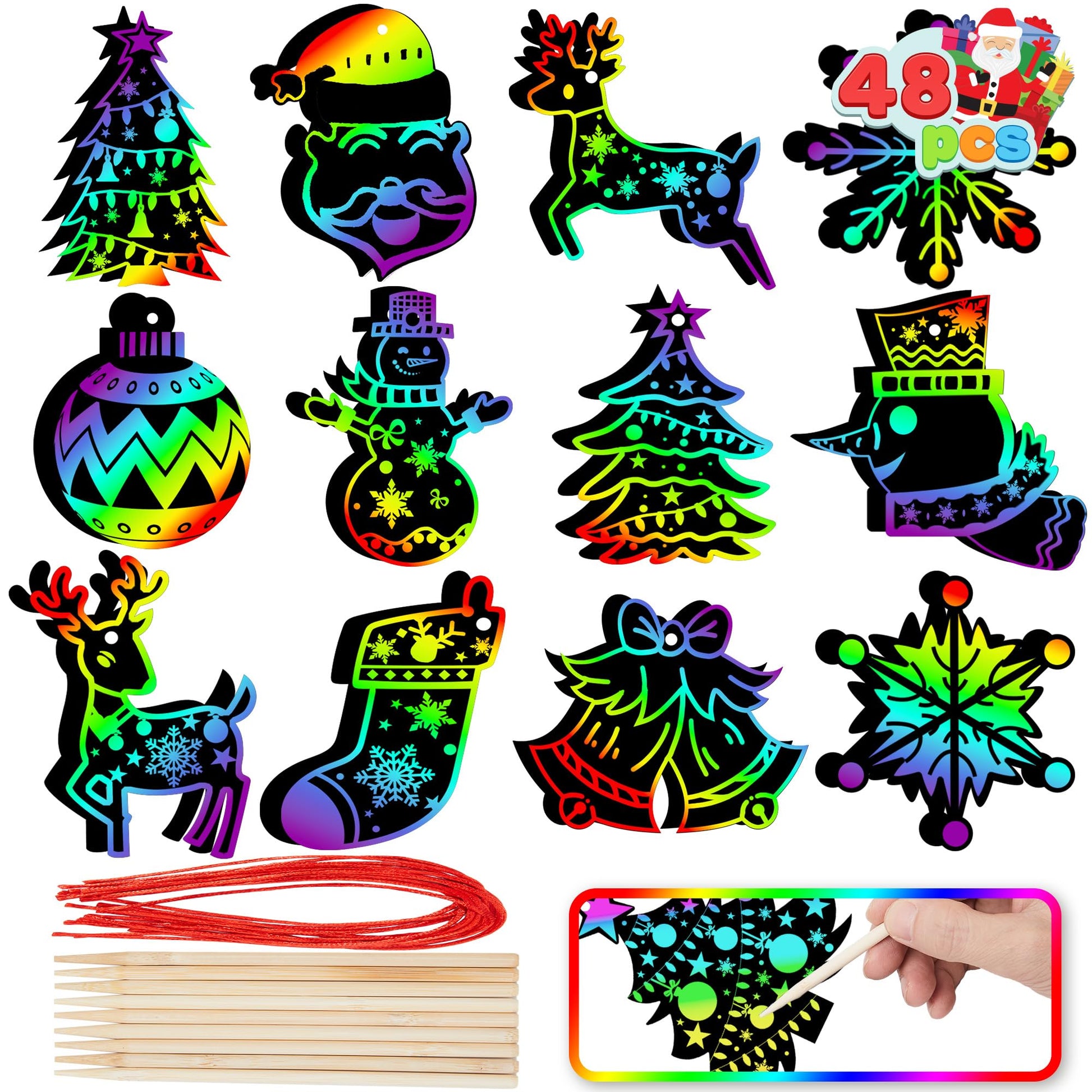JOYIN 48 Pcs Christmas Scratch Art Ornaments, Scratch Paper Craft Kit Include Snowman, Snowflakes, Christmas Tree, and Reindeer,