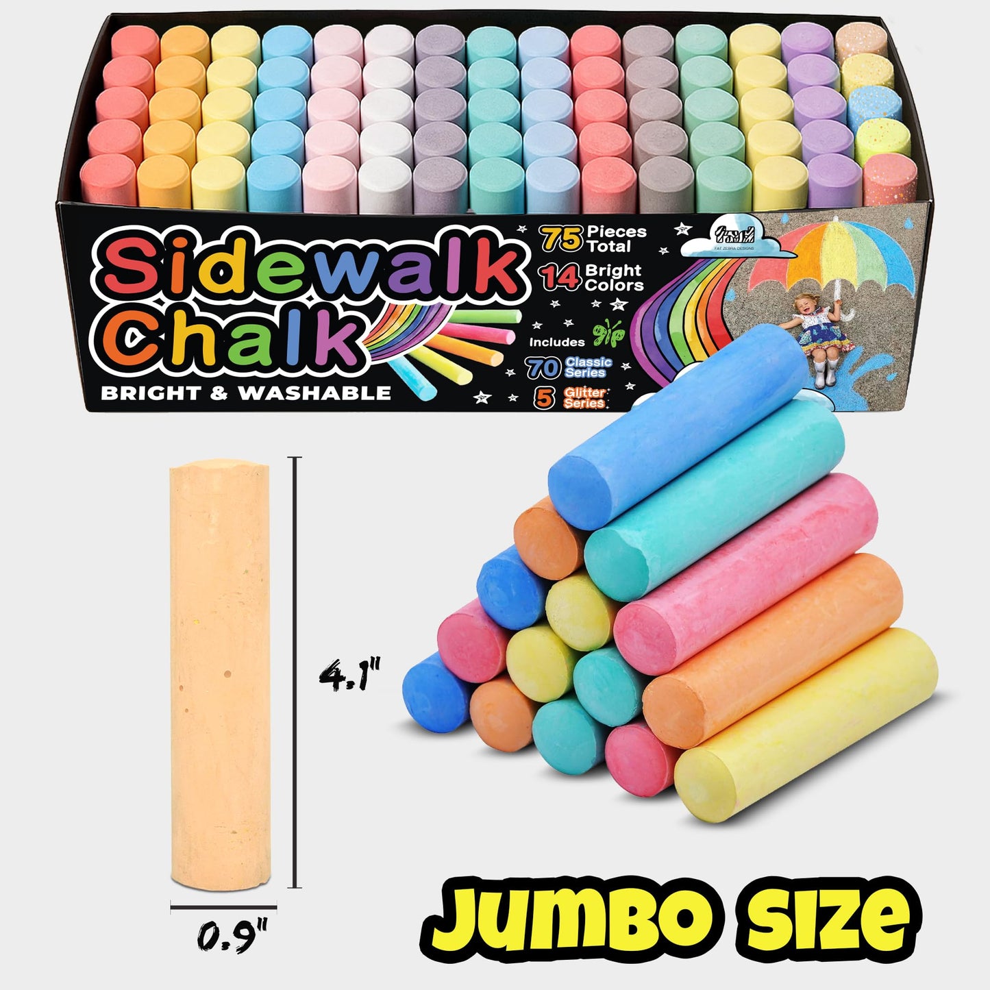 75 PCS Sidewalk Chalk for Kids - 14 Colors, 5 Glitter, Non-Toxic Washable Jumbo Chalks - Bulk Set of Outdoor Paint for Kids and