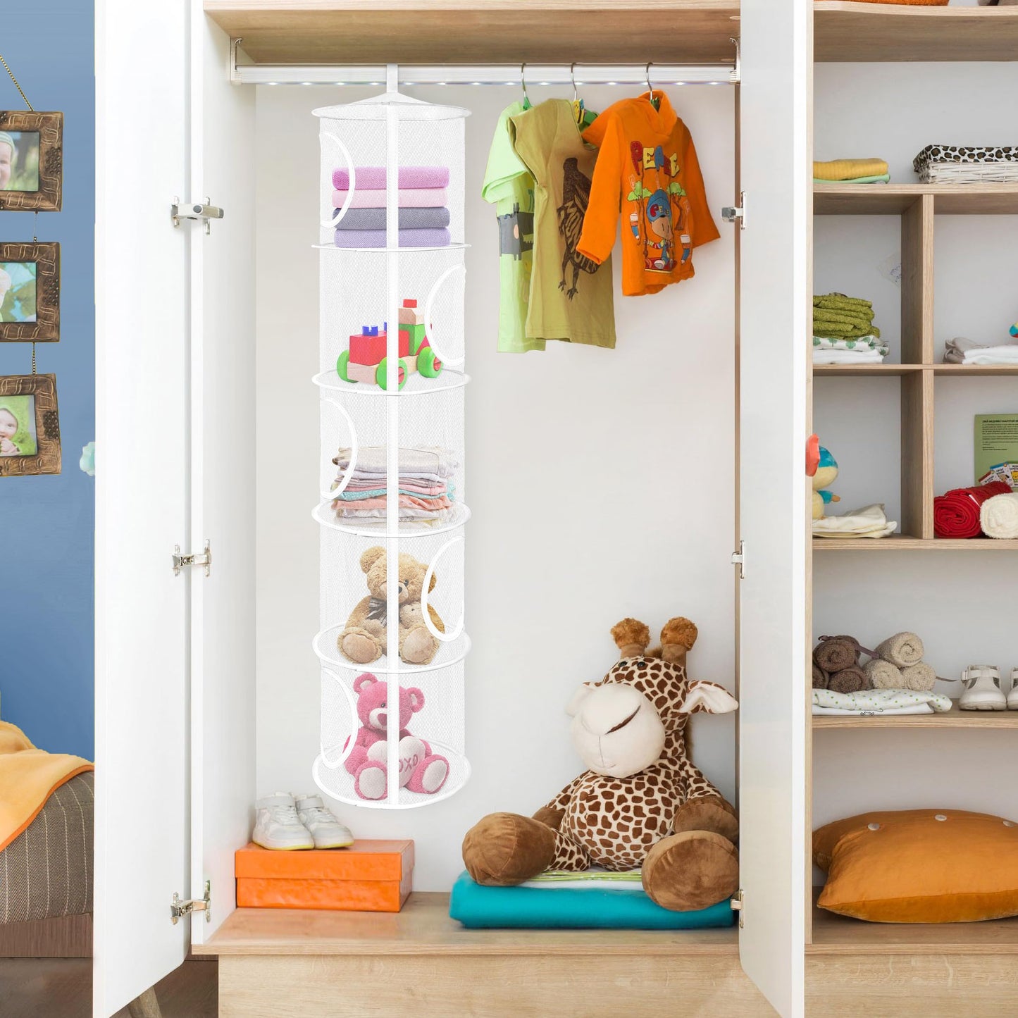2Pcs Hanging Mesh Space Saver Bags Organizer, Foldable Stuffed Animal Storage Organizer 5 Compartments Toy Storage Organizer For