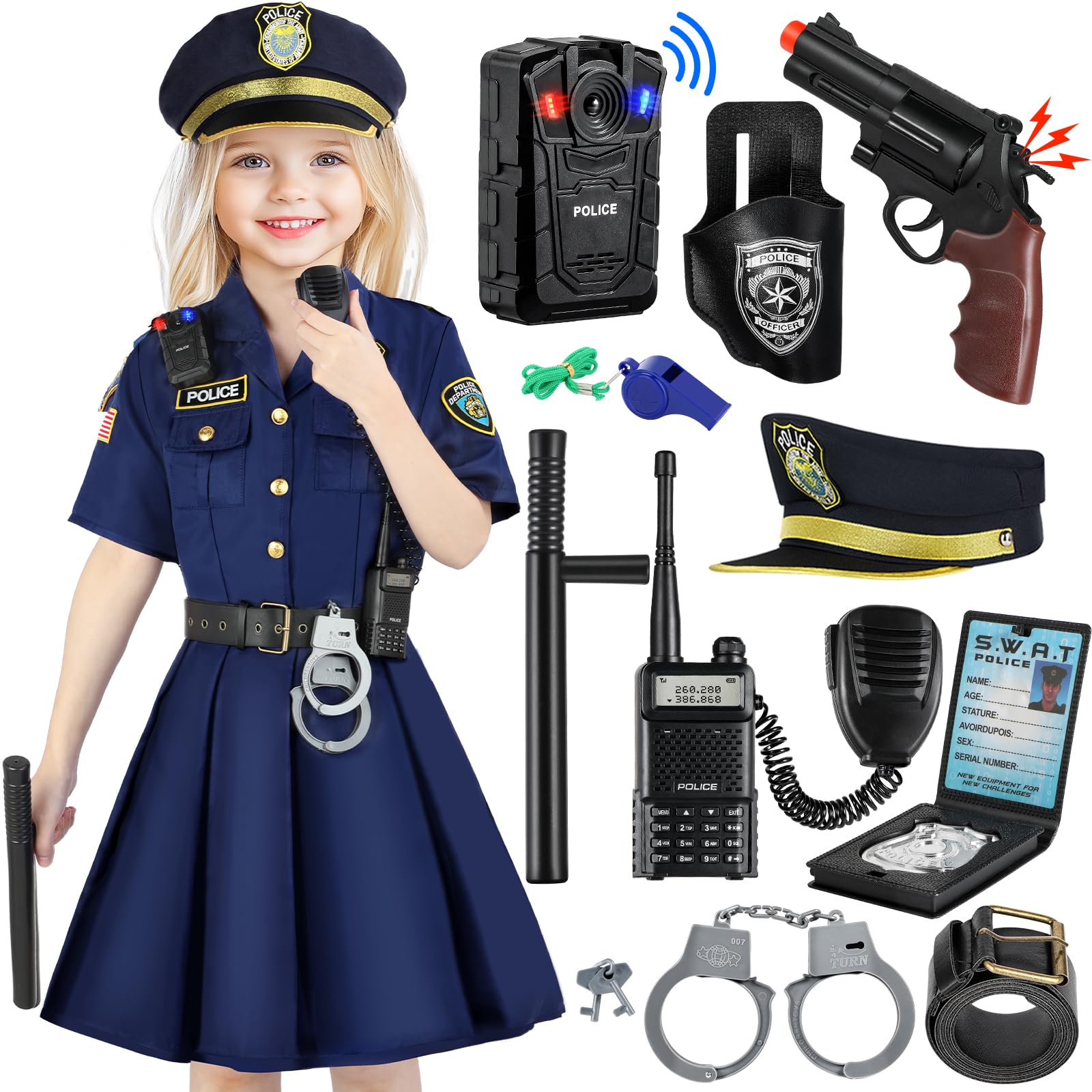 Loscola Police Costume For Girls Kids, Police Officer Costume For Girls, Halloween Costume Girls For 3-12, Cop Police Uniform