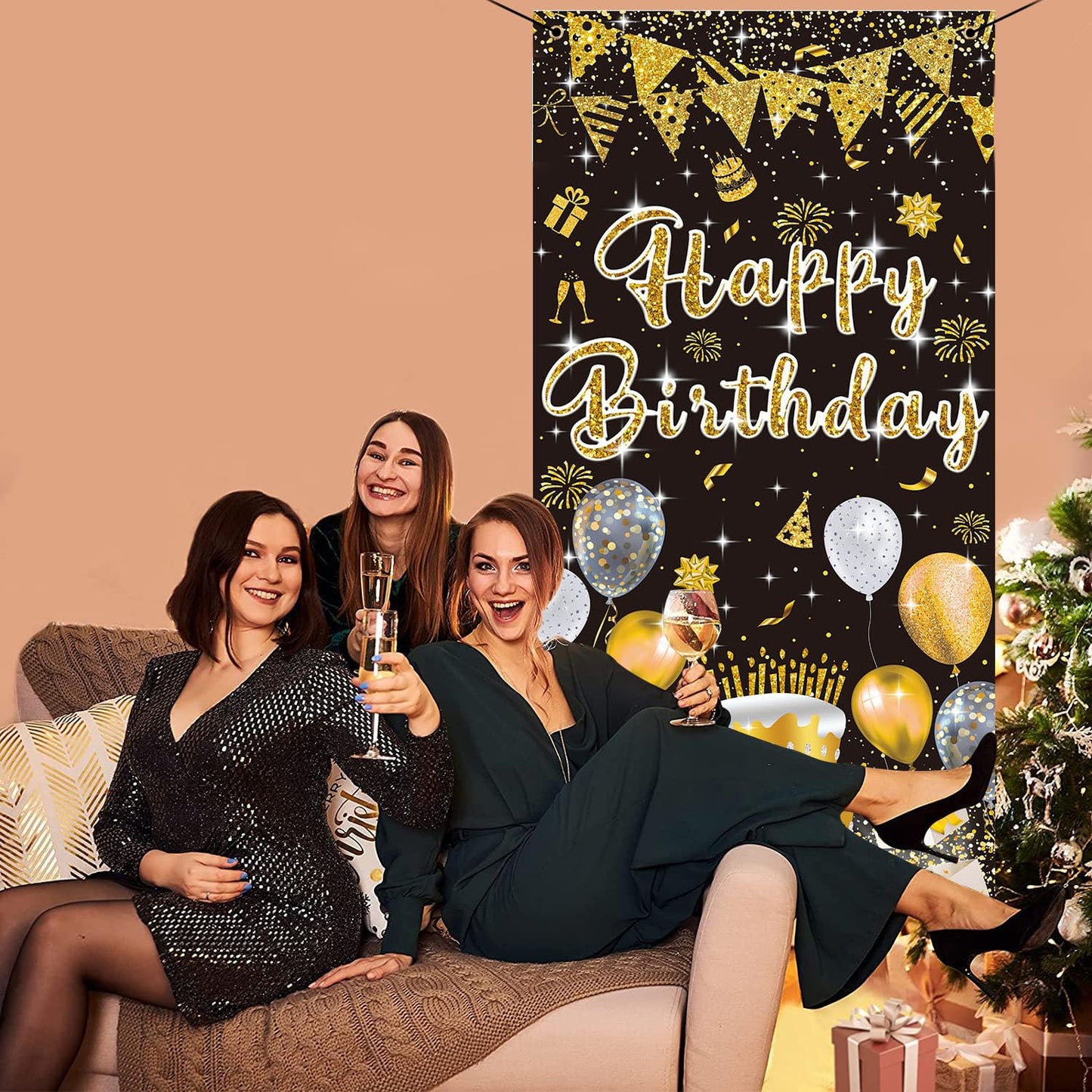 GYA 3x6ft Black Gold Birthday Door Banner Glitter Sequin Happy Birthday Background Cake Balloons Gifts Backdrops Girl Boy Men Wo