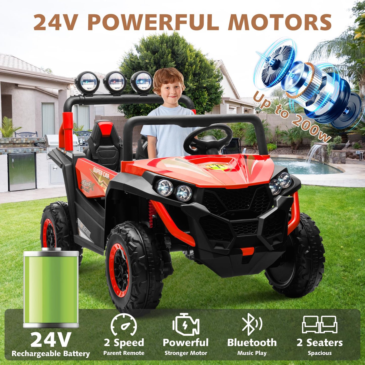 Alinux 24V 2 Seater Ride On Car For Kids, 4Wd Electric Cars Vehicles For Kids 3-8 Years With Remote Control, Bright Led Light, B