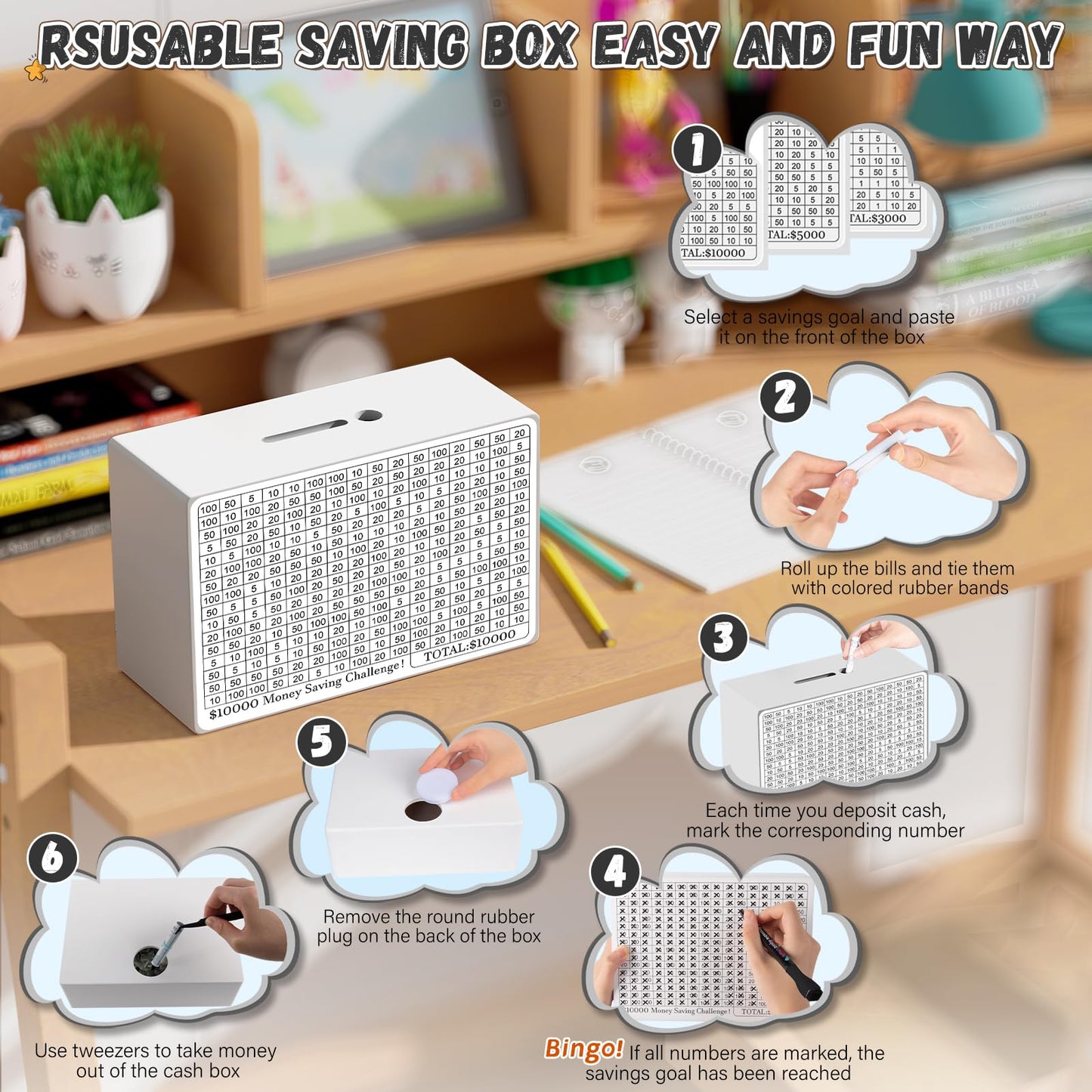 Wooden Money Saving Box, Cash Savings Box For $10000 $5000 $3000 Target Money Saving Challenge, Reusable Money Box With Counter,