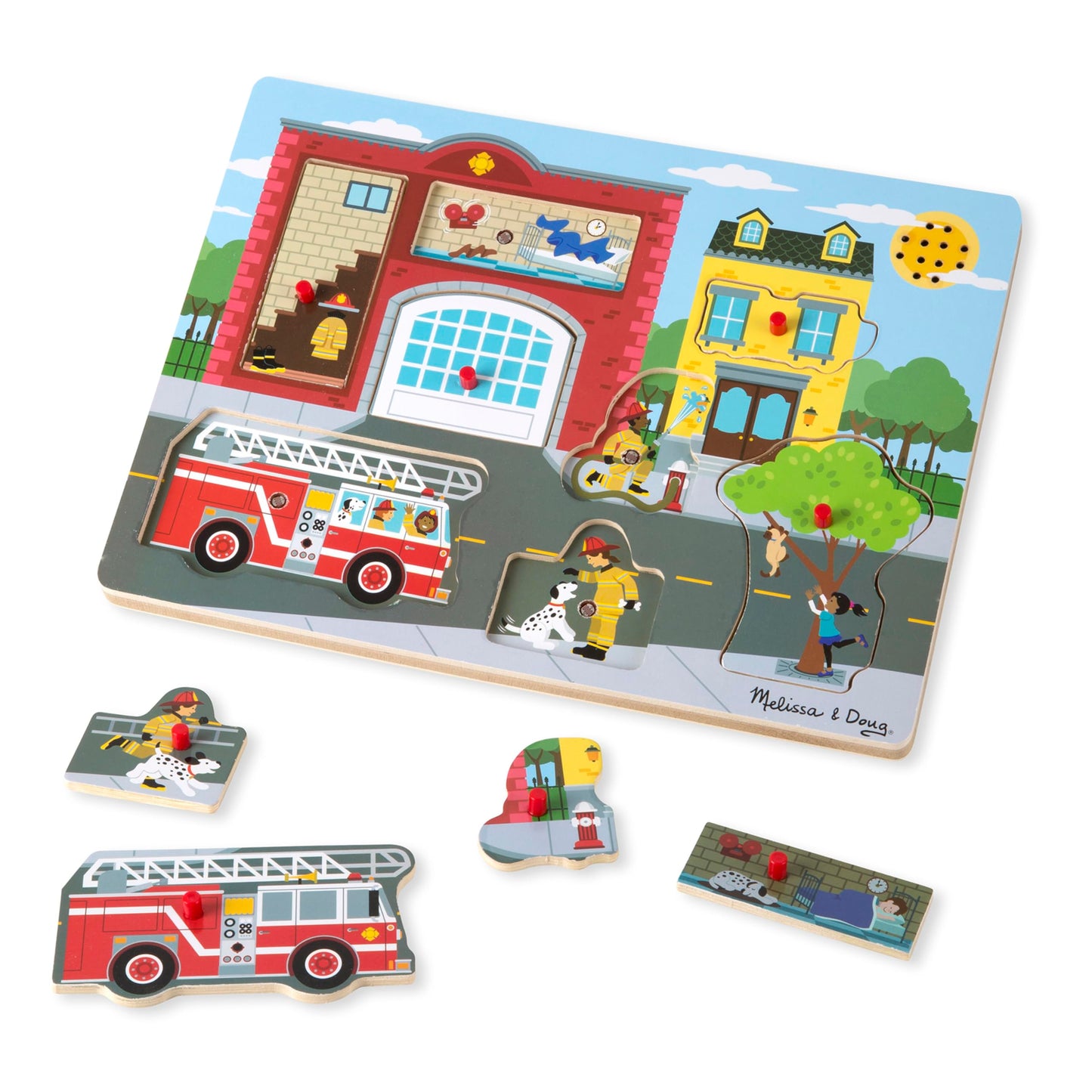 Melissa & Doug Wooden Peg Puzzle - Around the Fire Station Sound Puzzle, 8 pcs, Multicolor, Model 736
