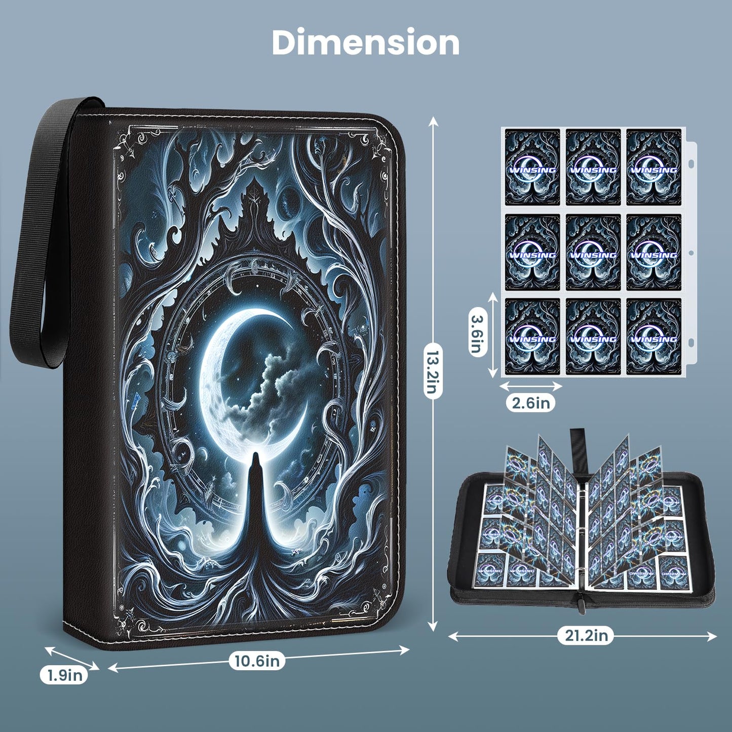 Winsing Card Binders 9 Pocket with 900 Pockets enhanced Zipper Case with 50 Removable Pages  Trading Folder Album Sleeves Holder Sheets for Game and Sports Cards Gifts for Boys and Girls Grey