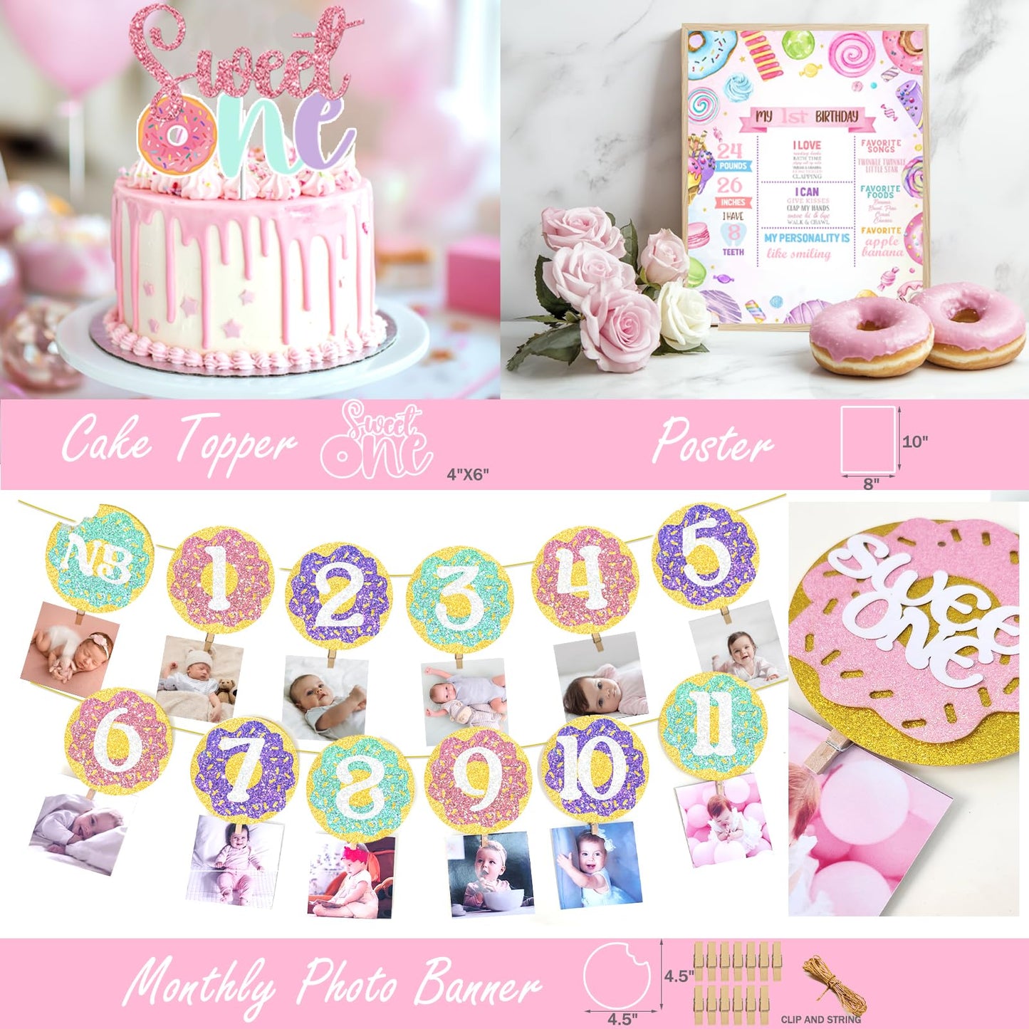 Hombae Sweet One Birthday Party Decorations - 128 PCs Donut Themed Birthday Party Supplies with Sweet One Backdrop, Donut Foil B