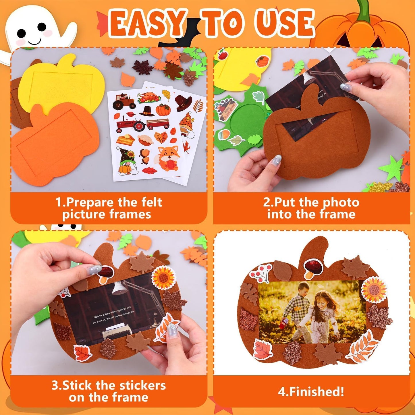 Beupy 420 Pcs Thanksgiving Felt DIY Fall Picture Frames Craft Kit Autumn Pumpkin Maple Leaves Photo Frames with Fall Leaves Pump