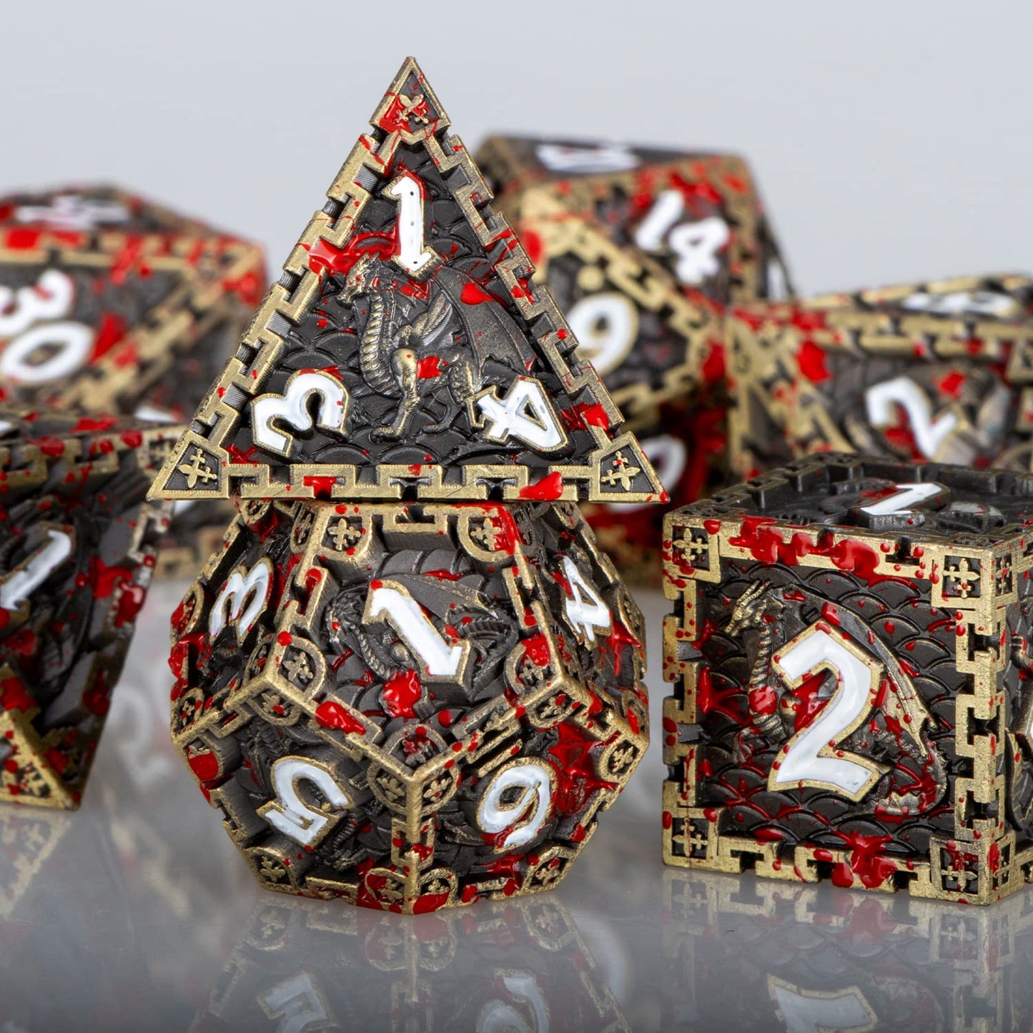ARUOHHA Metal Blood D&D Dice Bronze Dragon Design DND Dice with Gift Box, D + D Large Polyhedral Dice for Dungeons and Dragons R