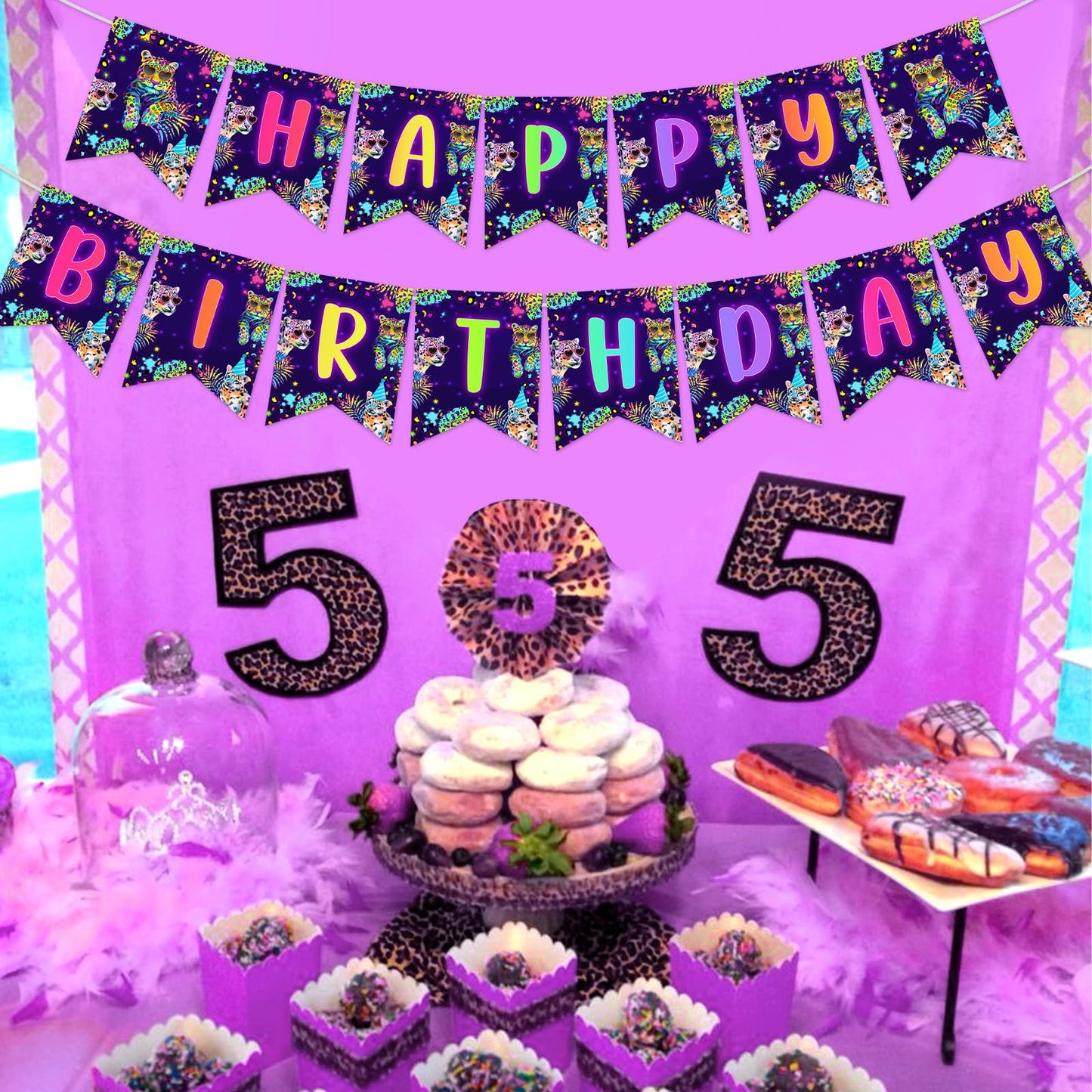 Cheereveal Rainbow Cheetah Happy Birthday Banner - Leopard Print Birthday Bunting Garland Decorations for Boys Girls, Jungle Saf