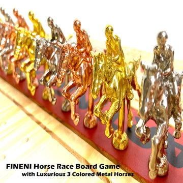 Fineni Horse Racing Game For Adults, Horse Race Board Game With 11 Luxurious Metal Horses (Silver, Black, Rose Gold), 22” Pine Wood Horse Race Game Board, Dice & Card Included (Log Color3)