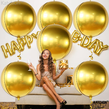Huge, Gold Foil Balloon Set - Pack Of 6, 22 Inch | 360 Degree 4D Round Gold Foil Balloons For Gold Party Decorations | Large Gold Balloons For Graduation Party Decorations 2023 | Bachelorette Décor