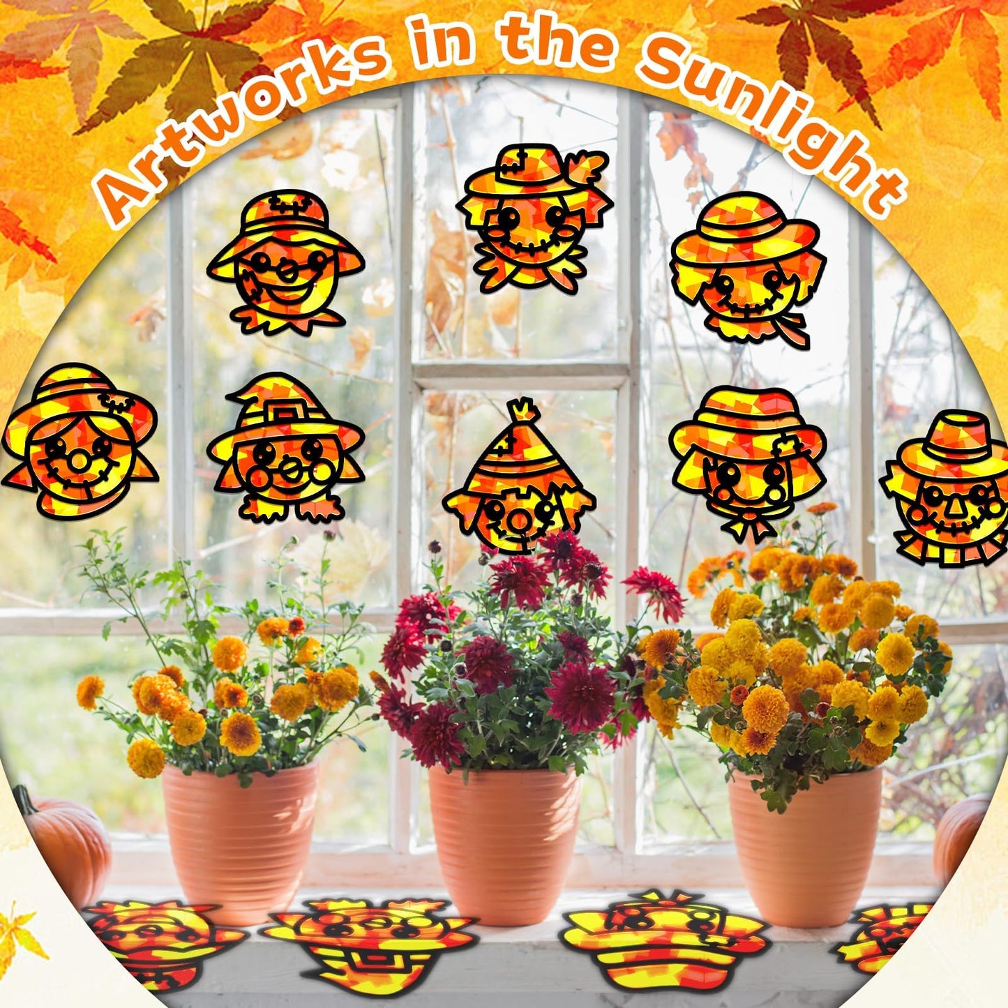 QOUBAI 32 Sets Fall Scarecrow Suncatchers Craft Kit DIY Window Stained Glass Effect Autumn Scarecrow Paper Crafts Home School Cl