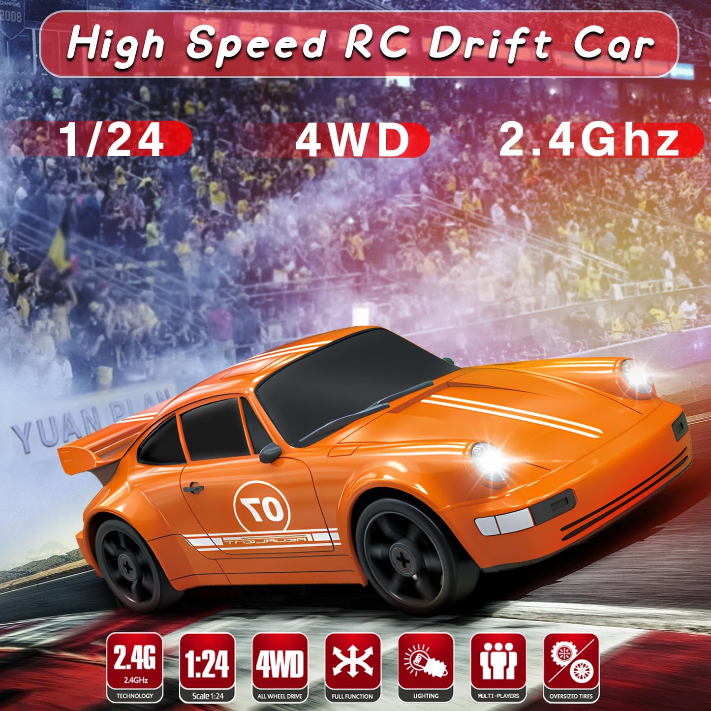 YUAN PLAN Remote Control Car RC Cars Toys for Boys, 1/24 2.4GHz 4WD RC Drift Car Racing Drift Hobby Racing Car Toys with Light R