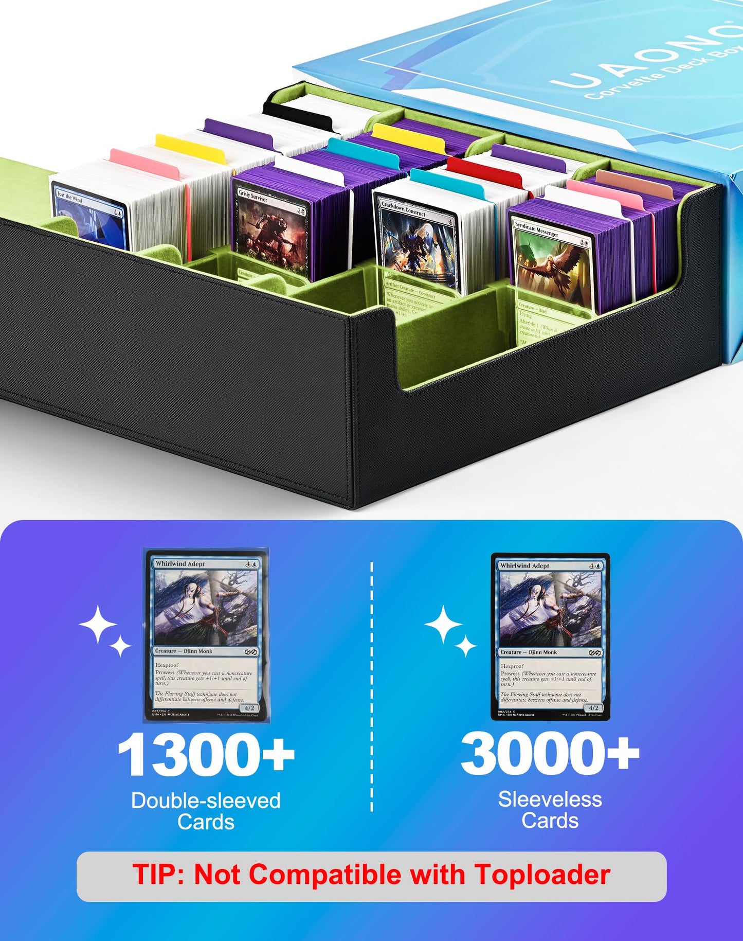 Uaono Card Storage Box For Trading Cards, 2400+ Mtg Commander Deck Box With 24Pcs Colorful Divider, Card Case Fits For Magic Tcg Ptcg Game Cards(Black&Lemon Green)