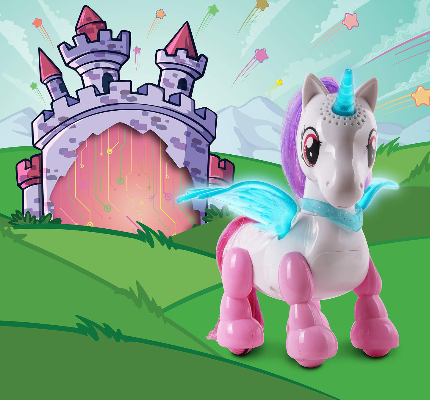 Nkok Usb Petbotz - Robo Unicorn, Rechargeable, Miniature, Interactive Pet Robot, Lights Up, Sound Activated, Makes Noises On Command, Comes With Necklace And Hair Brush, Usb Charger Included
