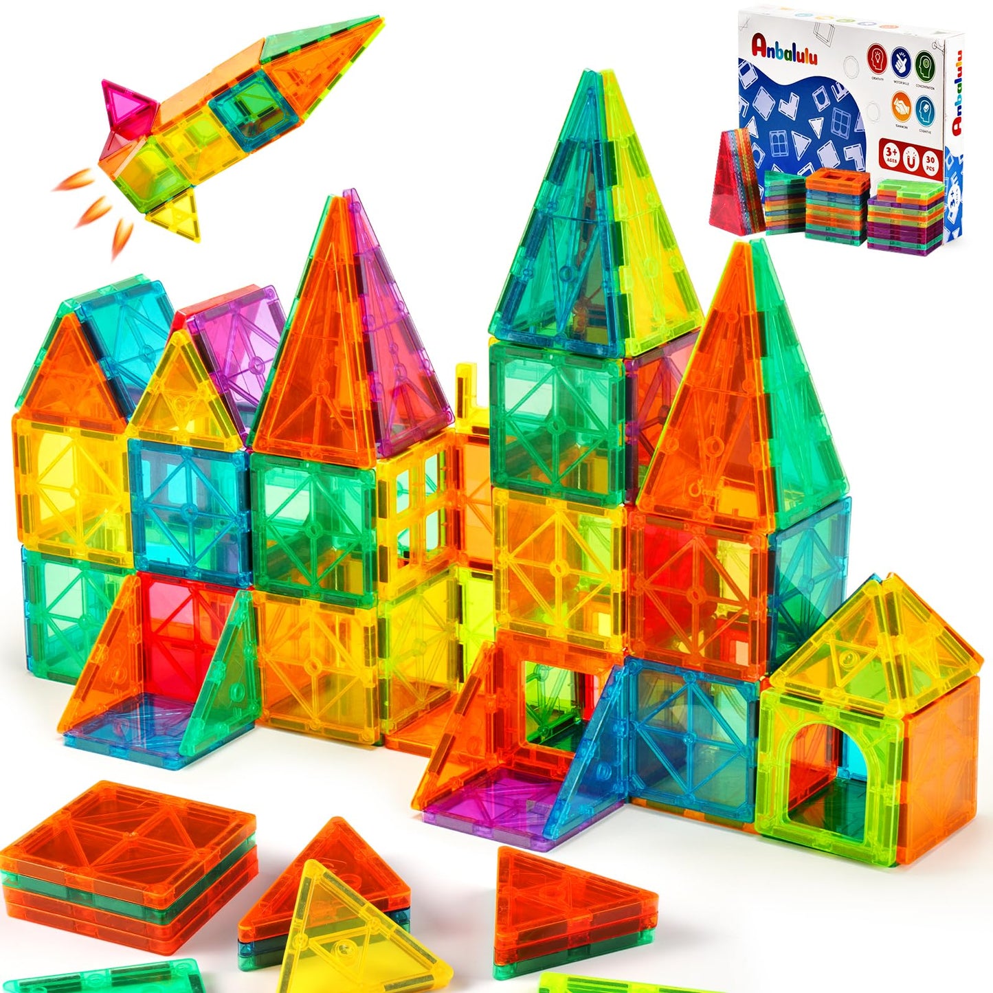 Anbalulu Magnetic Building Tiles,Magnet Building Set,Magnetic Blocks, 3D Stem Stacking Toys, Magnets Toy For Kids Boys Girls