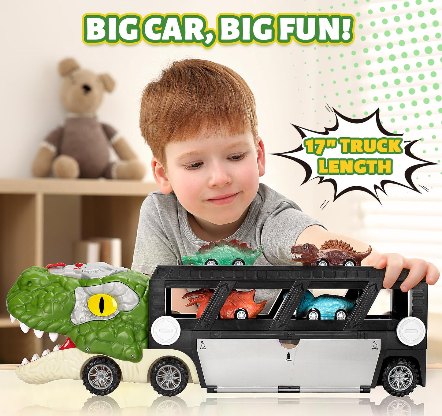 Dinosaur Toys for Kids 3-5, 5-7, Dinosaur Transport Carrier Truck with 10 Mini Car, Dinosaur T-Rex Cars Track Set for Toddlers 3