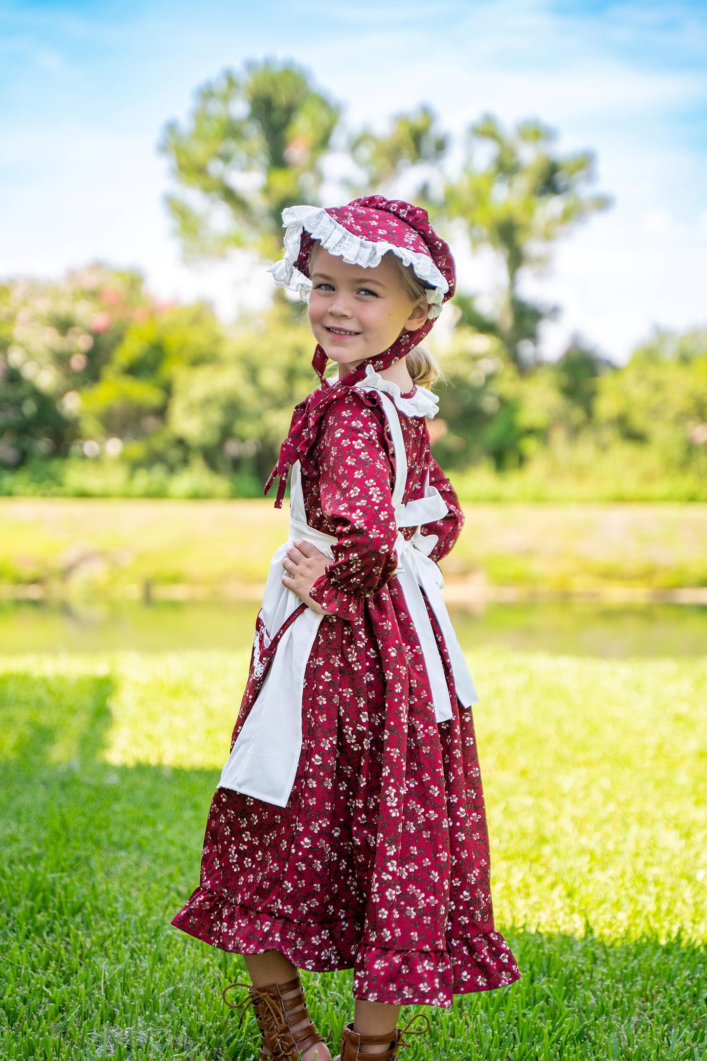 Aoiviss Pioneer Girls Dress Floral Colonial Prairie Costumes For Little Kids With Apron And Bonnet, Dark Red