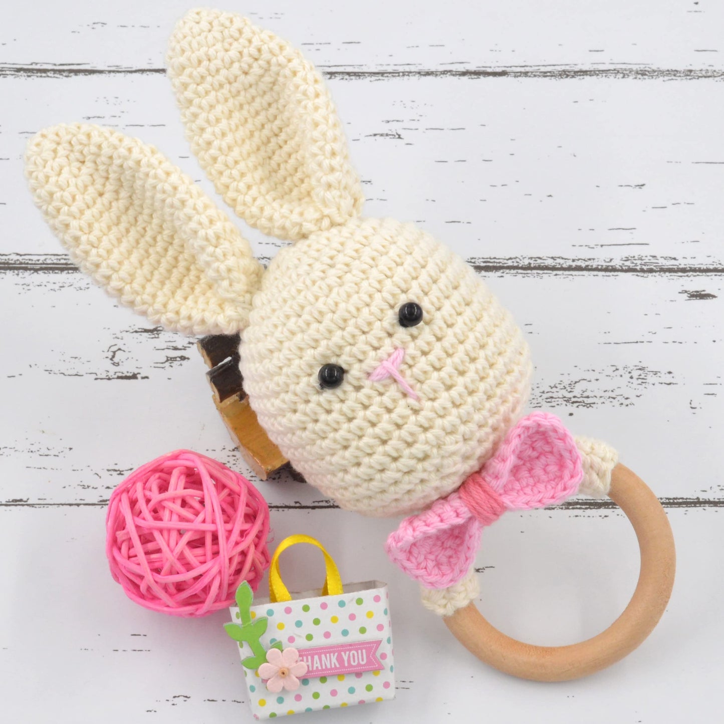 Love Crochet Art Animal Shape Crochet Rattle Cum Soft Toy For Infant, Kids & Babies, Early Age Gift Toys (Bow Rabbit  Cream)