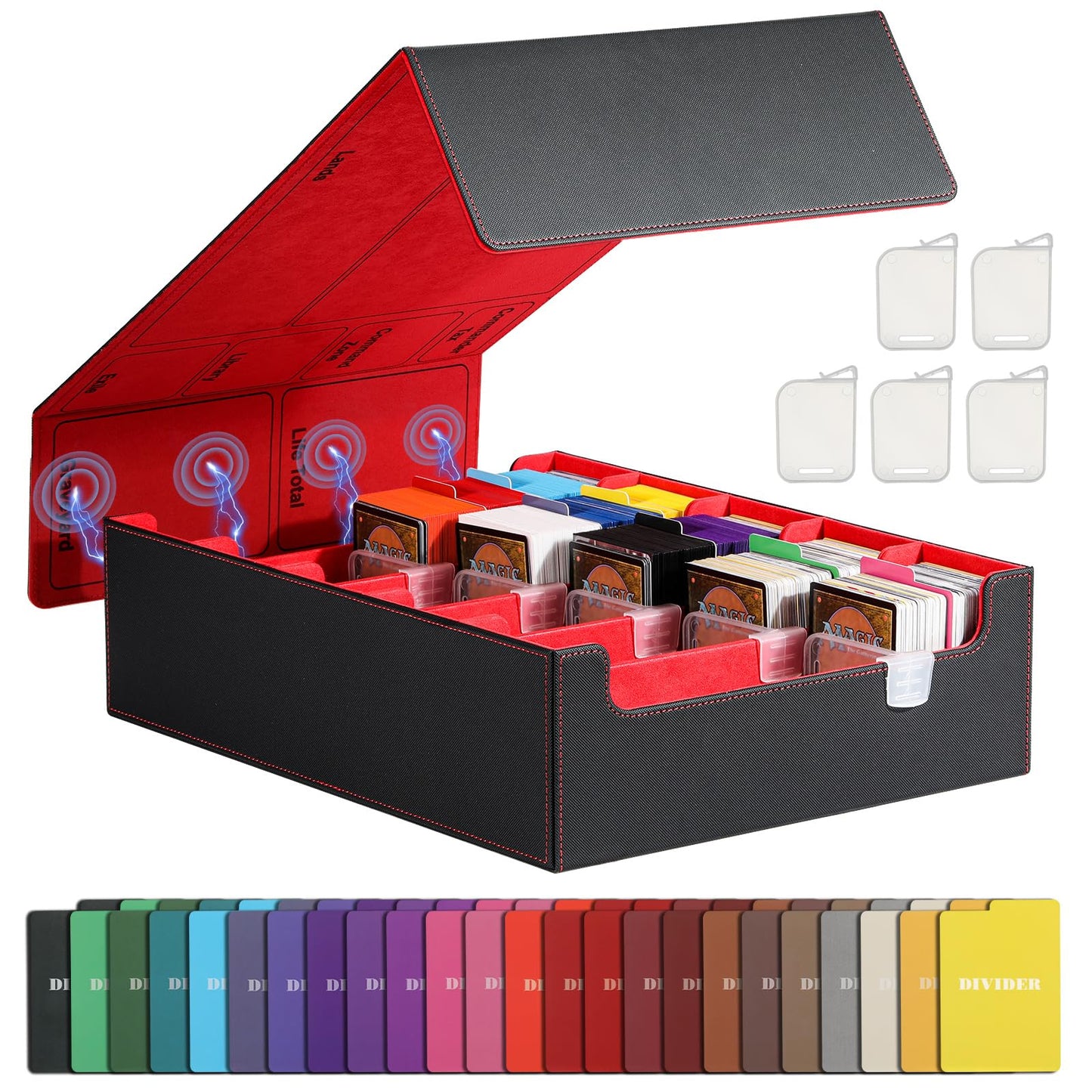 TiMOVO Trading Cards Storage Box  3800+ MTG Card Deck Box with 24 Colorful Dividers & 5 Card Supporters  5 Rows Magnetic Leather Commander Deck Box Fits MTG Yugioh TCG Magic Game Cards  Black+Red