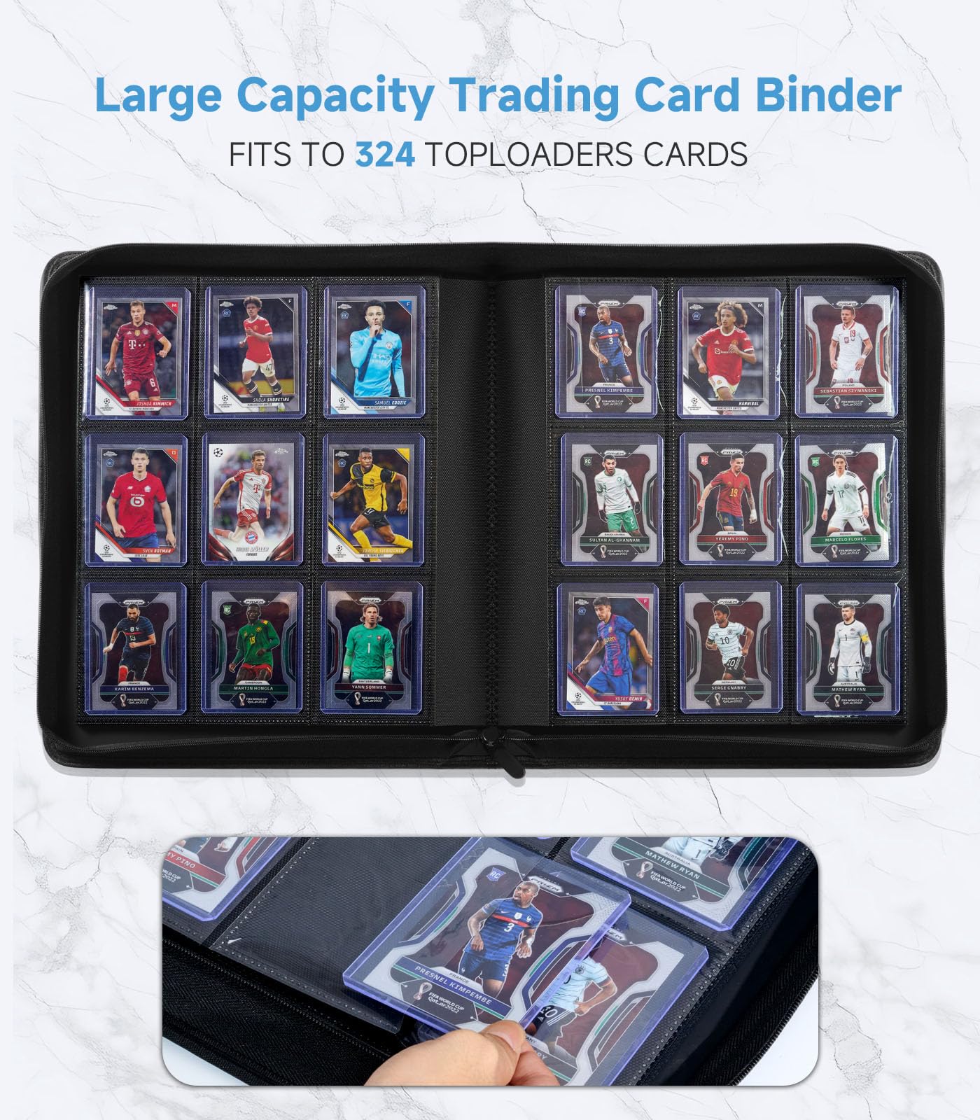 Toploader Card Binder 9 Pocket  for 324 Top-Loaders Cards  enhanced PU Trading Card Binder  Sturdy Sports Cards Holder  3.5 * 4.5'' Card Album for MTG TCG  YuGiOh  Game Cards & Sports Cards (Blue)