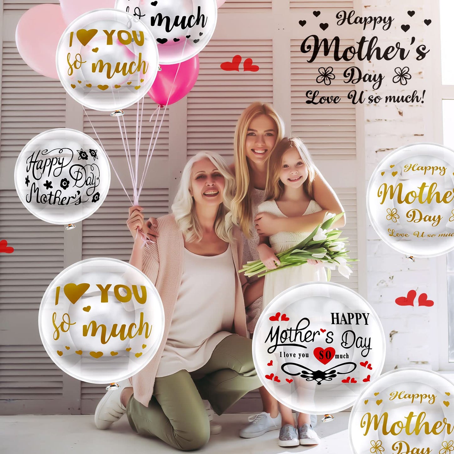 Aoriher 12 Sheet Happy Mother'S Day Balloon Labels Stickers Letter Balloon Stickers I Love You So Much Party Stickers Decals For Diy Transparent Balloon Happy Mother'S Day Decoration