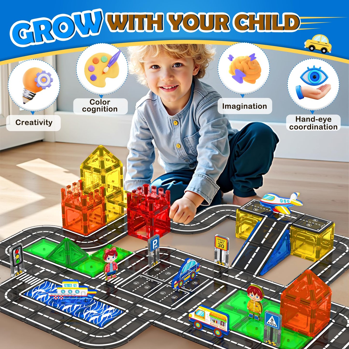 112PCS Magnetic Tiles Road Set - Magnetic Building Tiles with Vibrant Color & Ultra Magnet Strength for Toddlers & Kids Ages 3-8