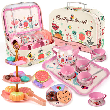 Tea Party Set for Little Girls, Flower Tea Set Toys for Girls Age 3 4 5 6 Year Old, Toddler Kids Kitchen Pretend Play Toys with