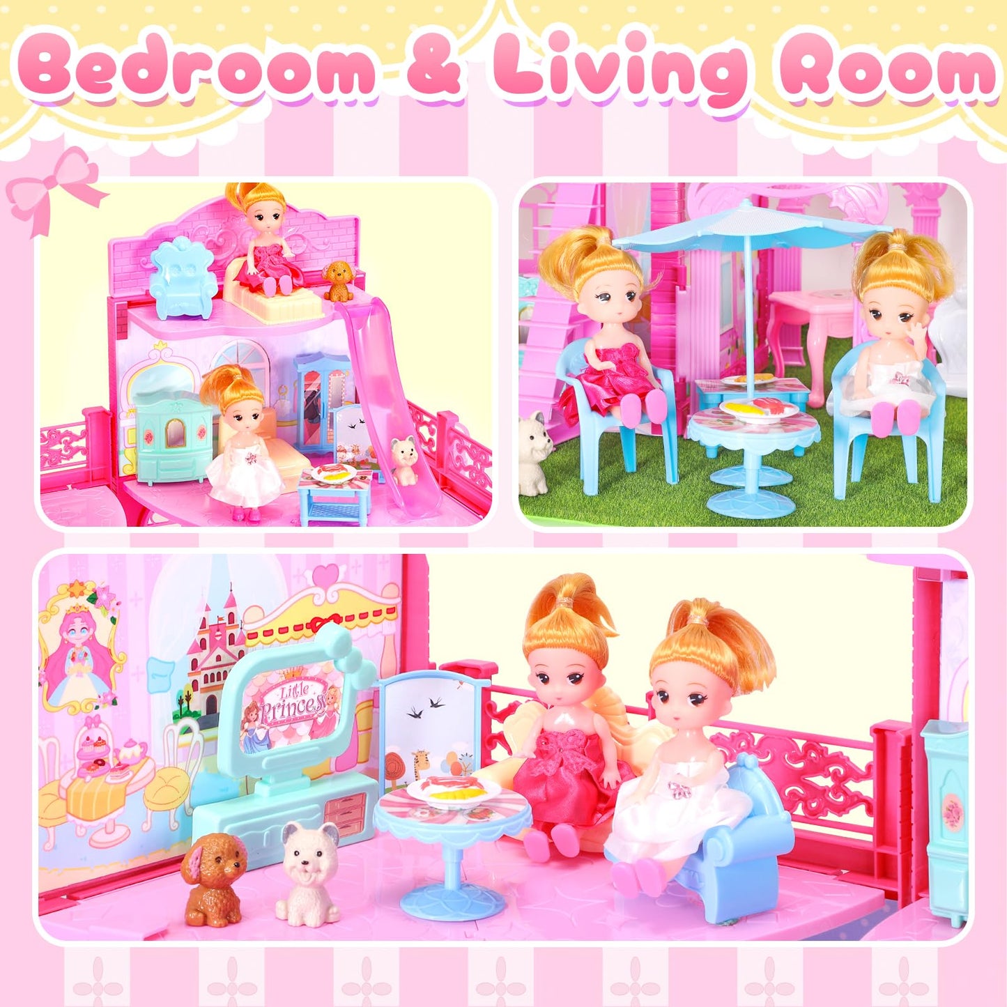 Amidear Foldable Dollhouse 2024, Dream 3-Story Princess Doll House Playset With Furniture Slide, Pink Toddler Toy House For 3 4