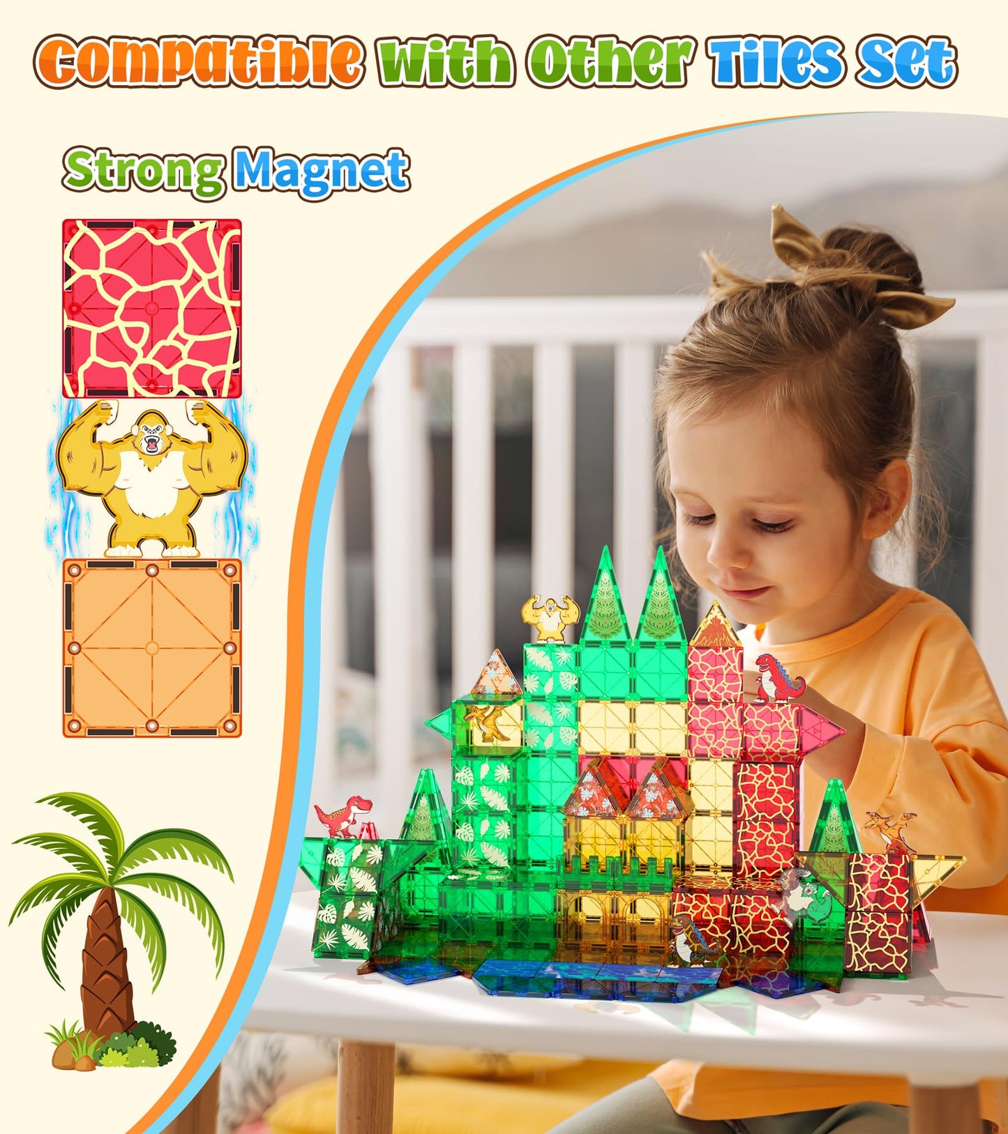 Dinosaurs Toys Magnetic Tiles For Kids 3-5, Dino,King Kong And Godzilla Animals World Construction Tile For Toddlers Ages 5-7, Magnet Building Blocks For Boys Girls Ages 3+ 4-8 8-12 Year Old