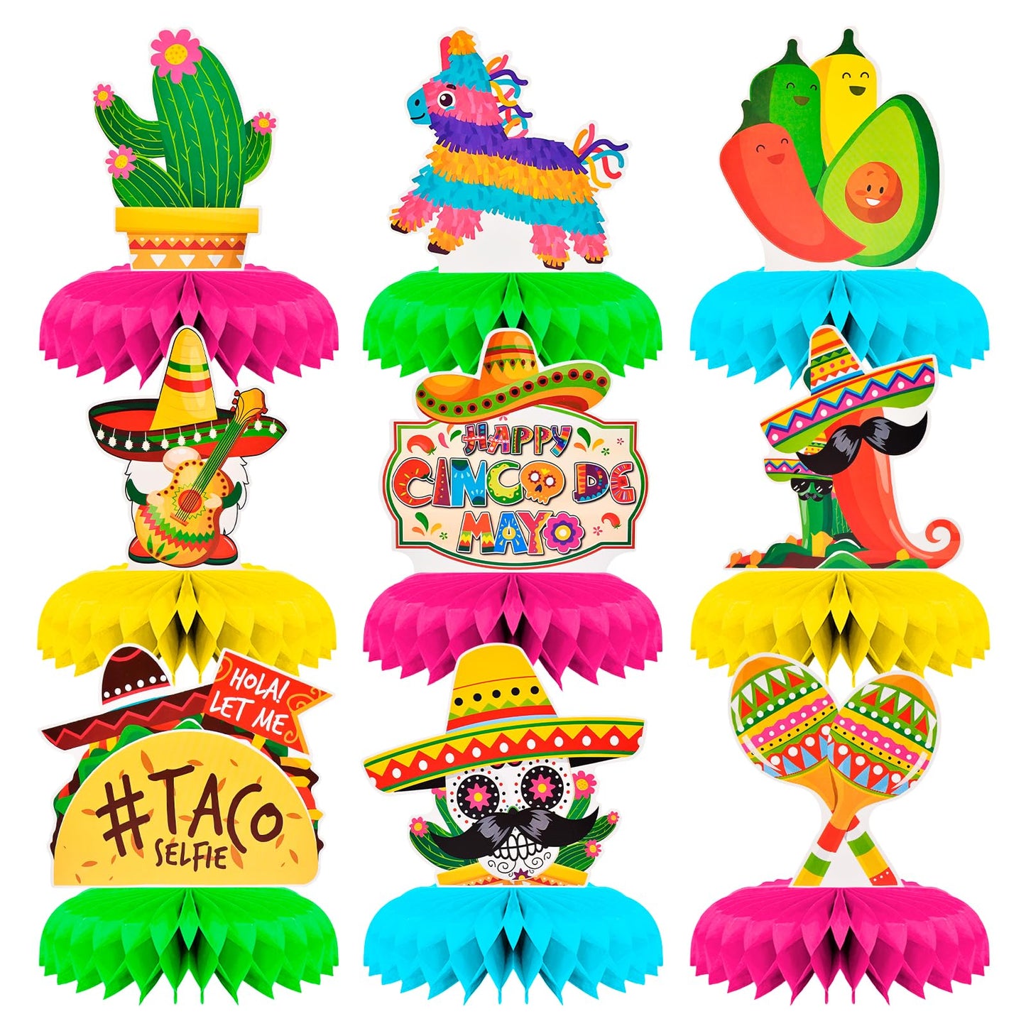 9 Pieces Cinco De Mayo Festival Honeycomb Centerpieces Table Decor, Mexican Fiesta Vibrant Cactus, Piata, Taco And Sombrero Patt
