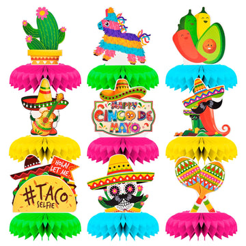 9 Pieces Cinco De Mayo Festival Honeycomb Centerpieces Table Decor, Mexican Fiesta Vibrant Cactus, Piata, Taco And Sombrero Patt