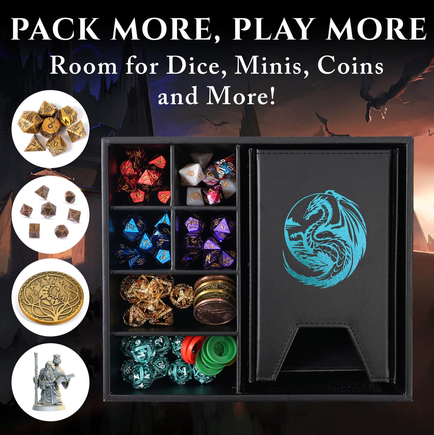 Soar Forge DND Dice Tray & Tower - Large Faux Leather Storage, Blue Dragon, Model SOARDR01