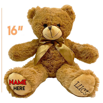 Personalized Stuffed Teddy Bear Gift For Her, Him, 16 Inch - Cute Custom Brown Bear With Your Name And Year On The Feet