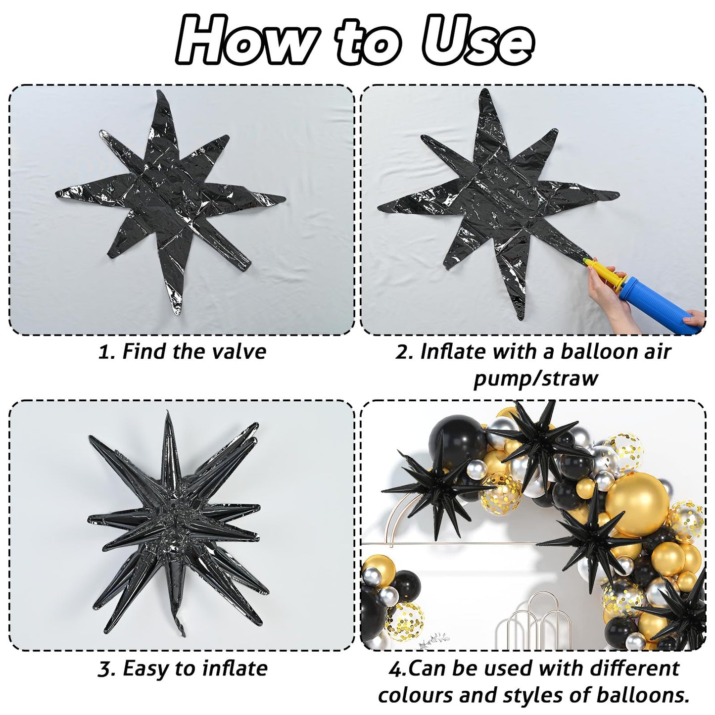 6PCS Star Balloons, 22Inch Large Black Star Balloon Explosion Foil Balloons Cone Spike Balloon for Birthday Graduation Wedding A