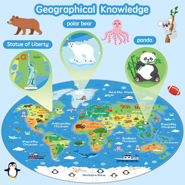 72 Piece World Map Jigsaw Puzzle For Kids 3-5, 4-6 Globe Round Floor Puzzles Geography Educational Birthday Gifts Learning Resou