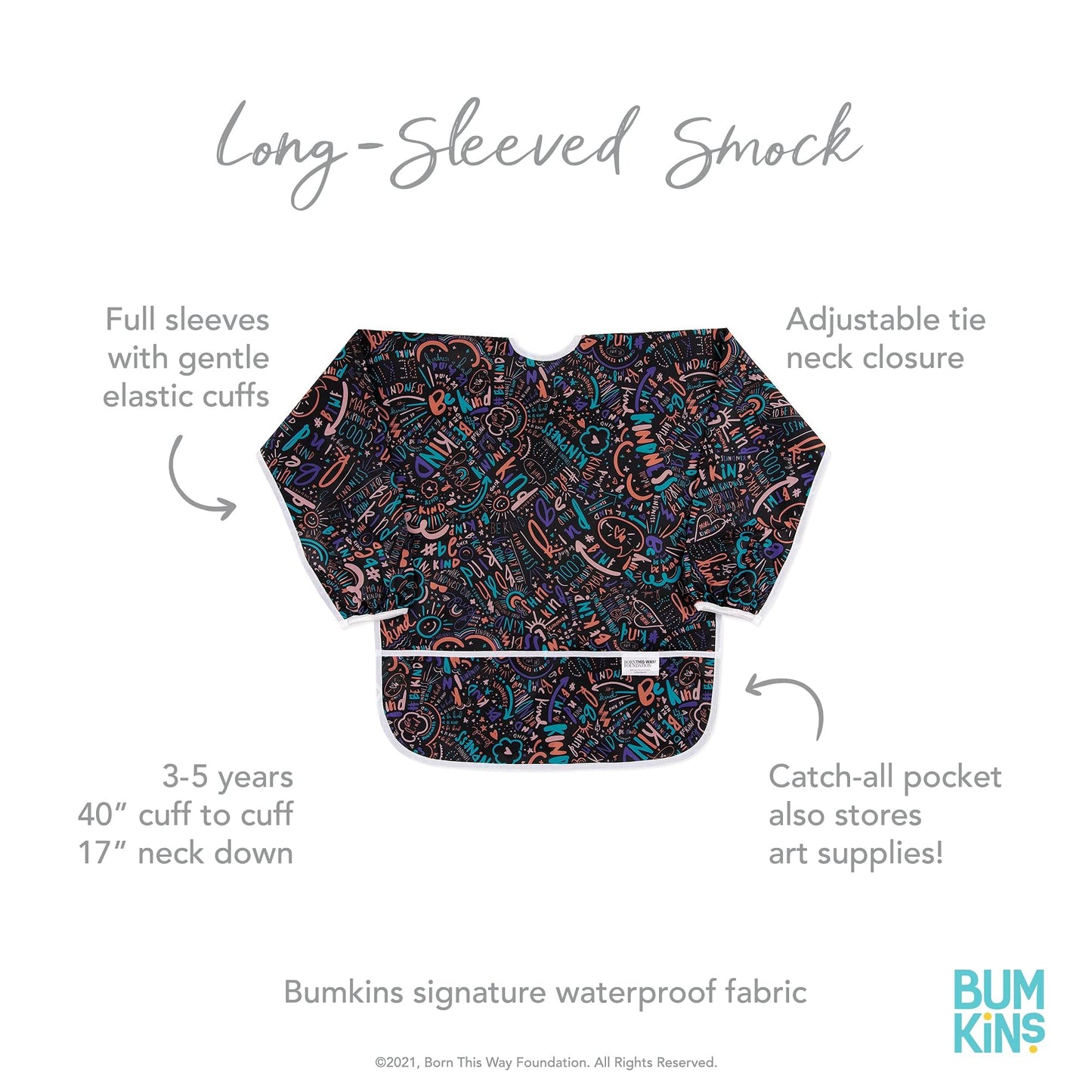 Bumkins Sleeved Smock, Toddler Reusable Waterproof Bib For Girls And Boys 3-5 Years, Long Sleeve Childrens, Kids Paint Apron, Arts, Crafts And Play With Pocket, Soft Fabric, Born This Way Kindness
