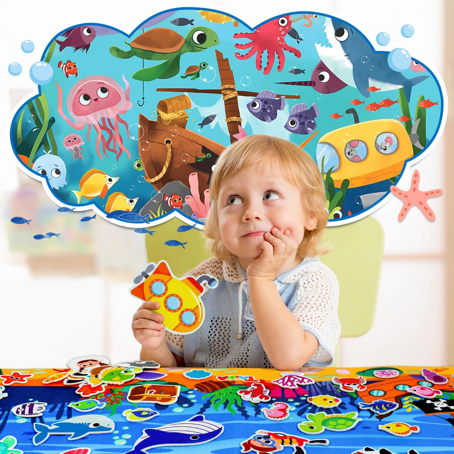 Taika 70 Pcs Ocean Felt Story Board Set, 43x28 inch Interactive Felt Board, Fuzzy Flannel Board, Preschool Storytelling, Classro