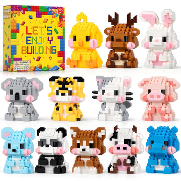 HIGH GODO 12 Pack Animal Party Favors Building Sets, Mini Animals Building Blocks, Goodie Bags Stuffers, Classroom Small Prize T